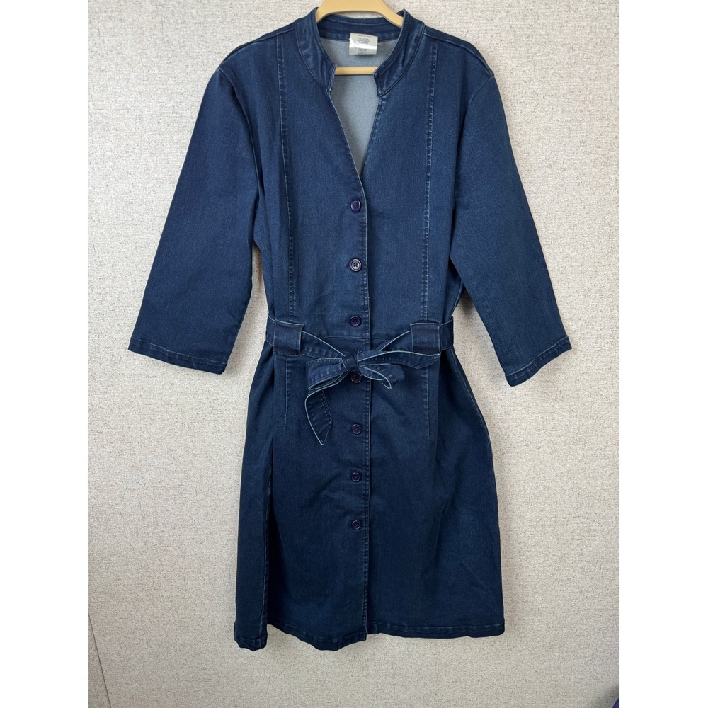 Vintage y2k Bedford Fair Dark Wash Denim‎ Dress Size 14 Belted Button Front